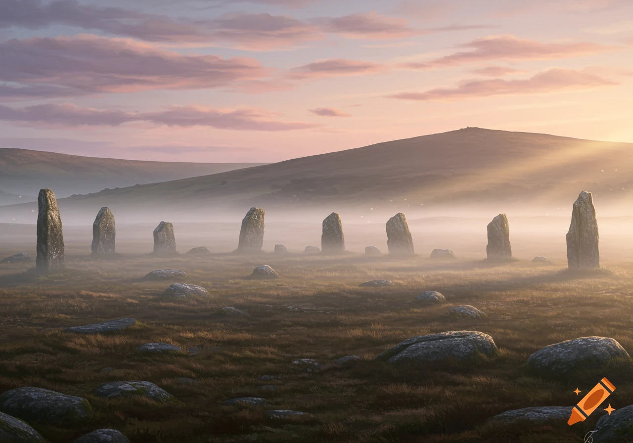 Ancient standing stones emerge from a misty field at sunrise, with rolling hills and a warm, glowing sky.