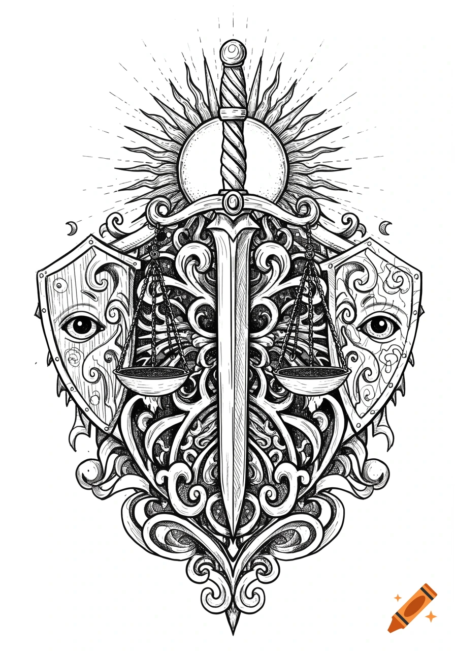 Black and white tattoo design featuring a sword, scales of justice, sunburst, and shields with eyes, surrounded by intricate swirling patterns.