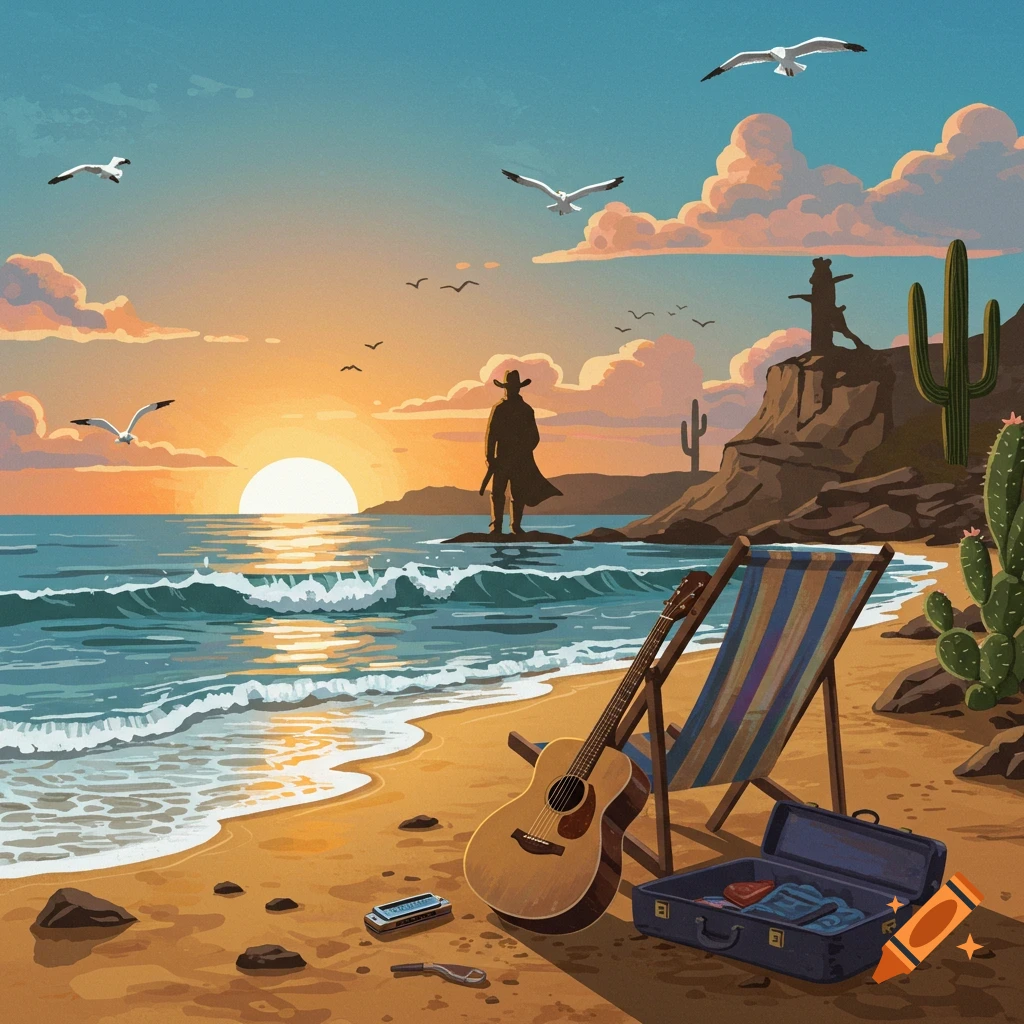 A cowboy figure stands on rocks in the ocean watching a vibrant sunset over a beach, with a guitar, a deck chair, a suitcase, and cacti on the sand. Seagulls fly overhead.