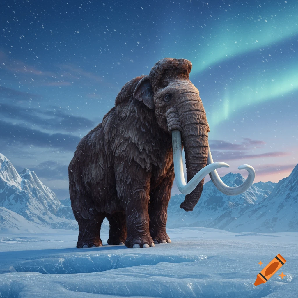 A photorealistic woolly mammoth stands on an icy plain under a snowy, aurora-lit night sky with mountains in the background.