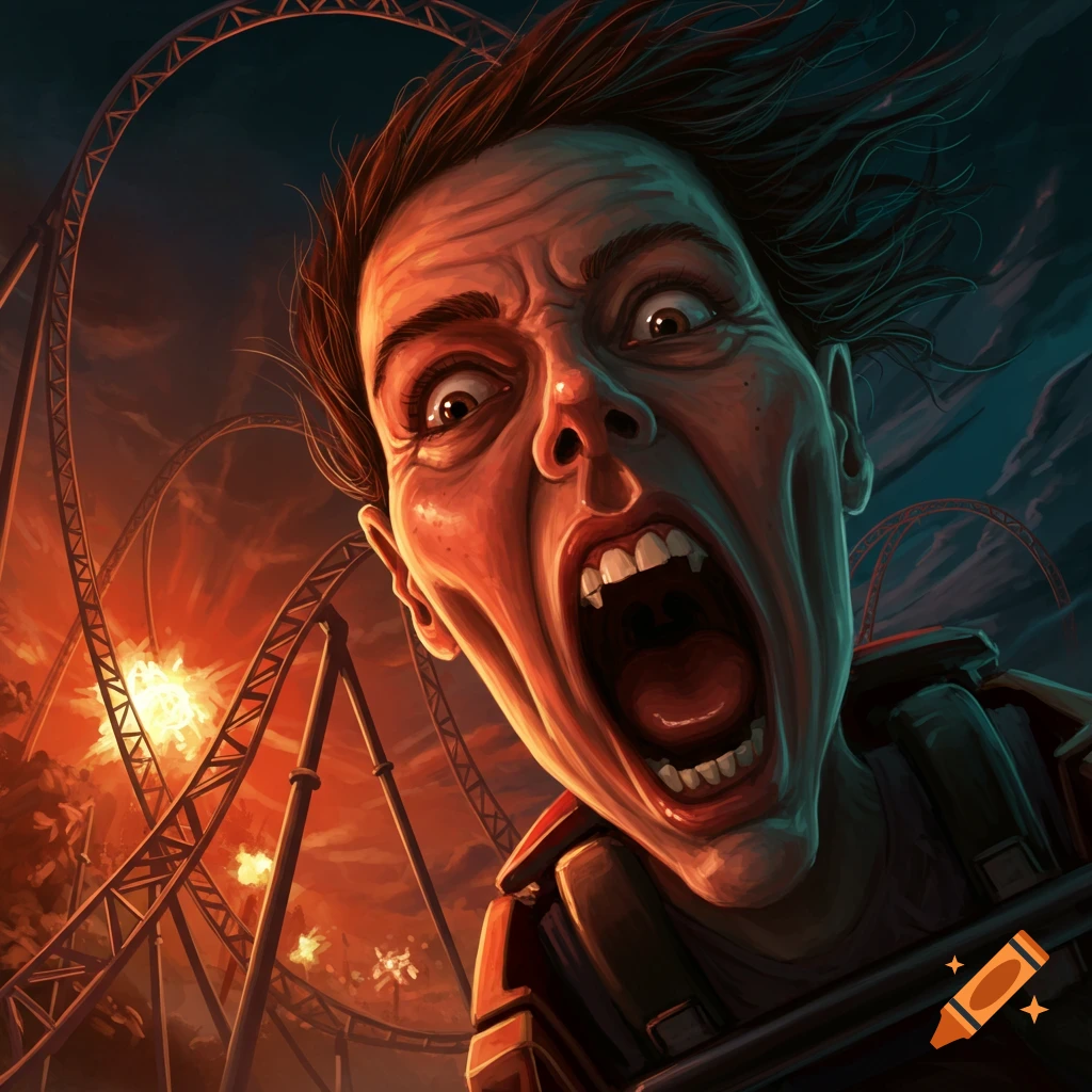 Exaggerated caricature of a person screaming on a rollercoaster ride at night, with explosions in the background.