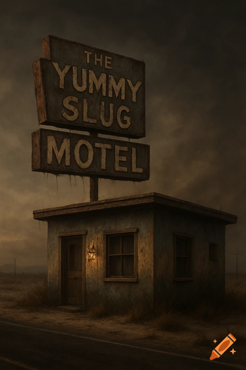 A desolate, grungy motel with a sign reading "The Yummy Slug Motel" under a dark, cloudy sky.