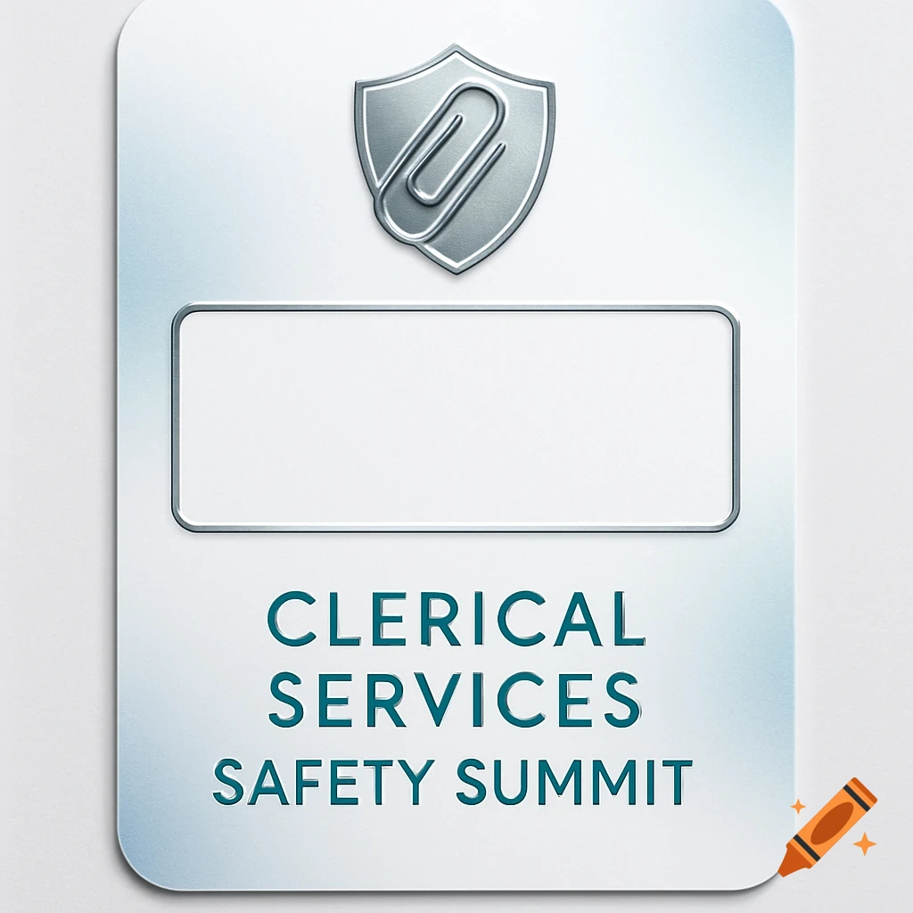 A professional-looking white and silver name badge with a shield and paperclip logo, and the text 'CLERICAL SERVICES SAFETY SUMMIT'.
