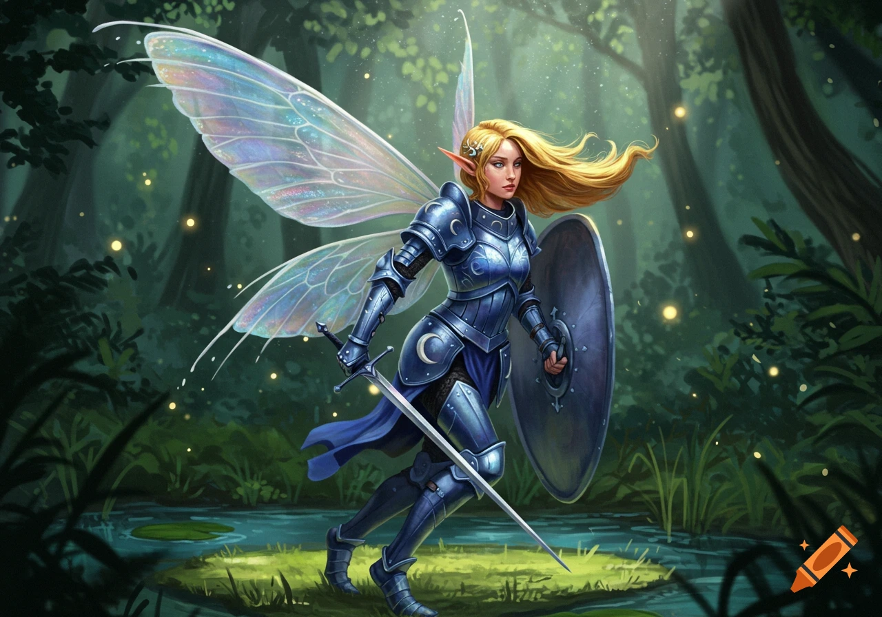 An armored fairy with iridescent wings holds a sword and shield in a mystical forest, light filtering through trees.