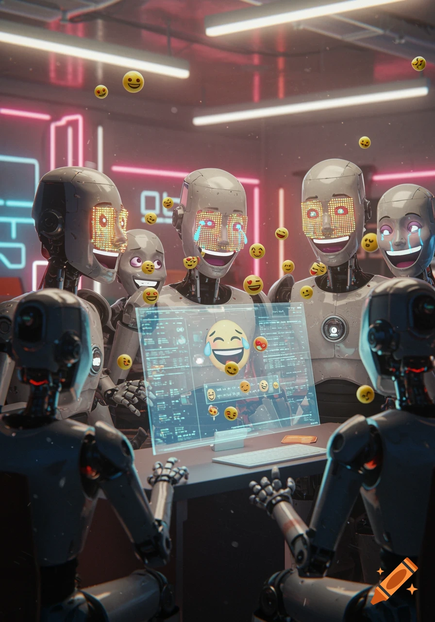 Humanoid robots with emoji-display faces laugh around a transparent screen showing emojis and data in a futuristic room.