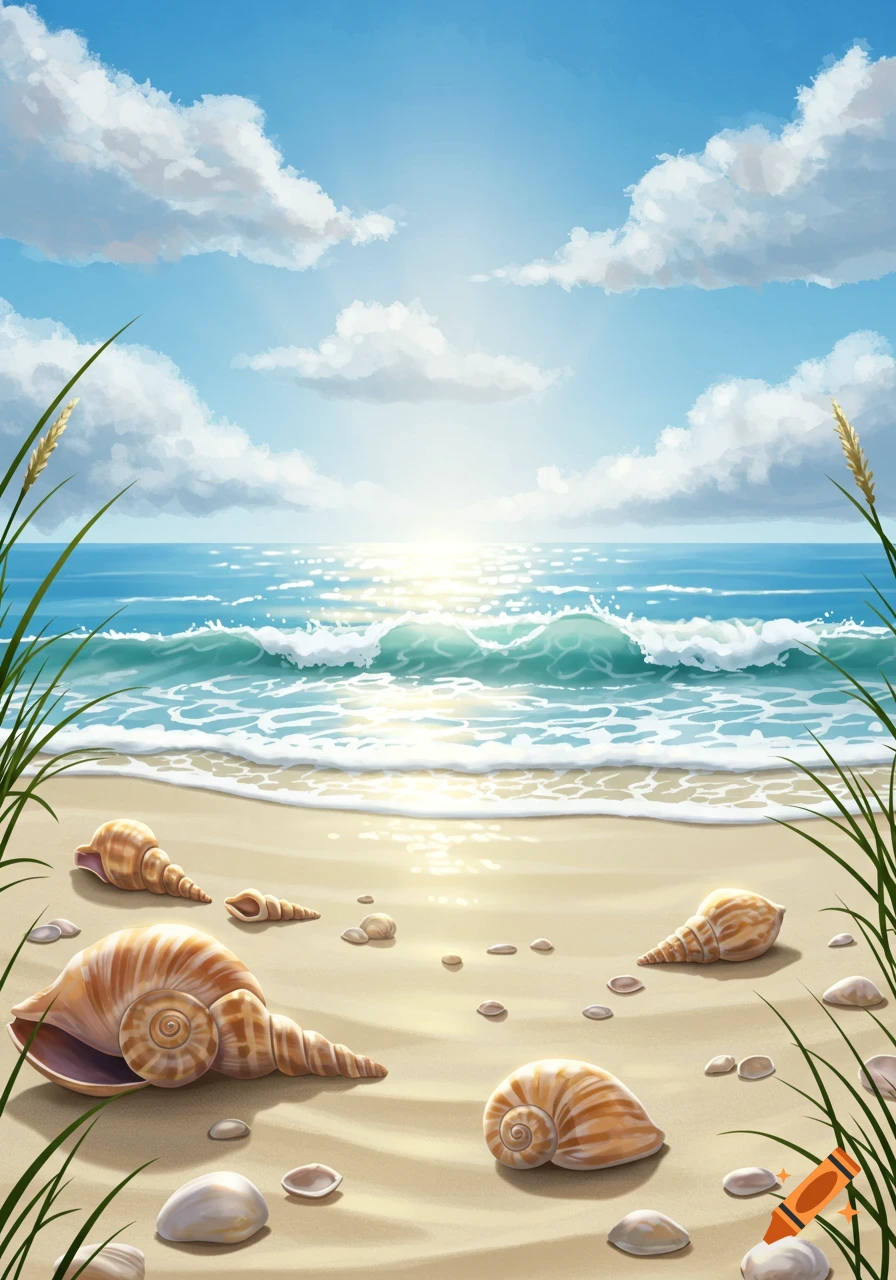 A tranquil beach scene with golden sand, various seashells, and gentle ocean waves under a bright blue sky with scattered clouds.