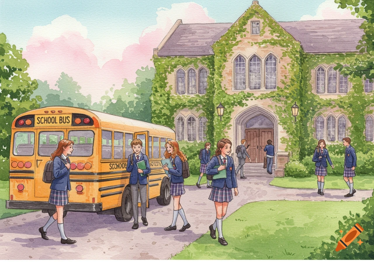 Watercolor illustration of students in private school uniforms arriving at a large, ivy-covered school building with a yellow school bus.