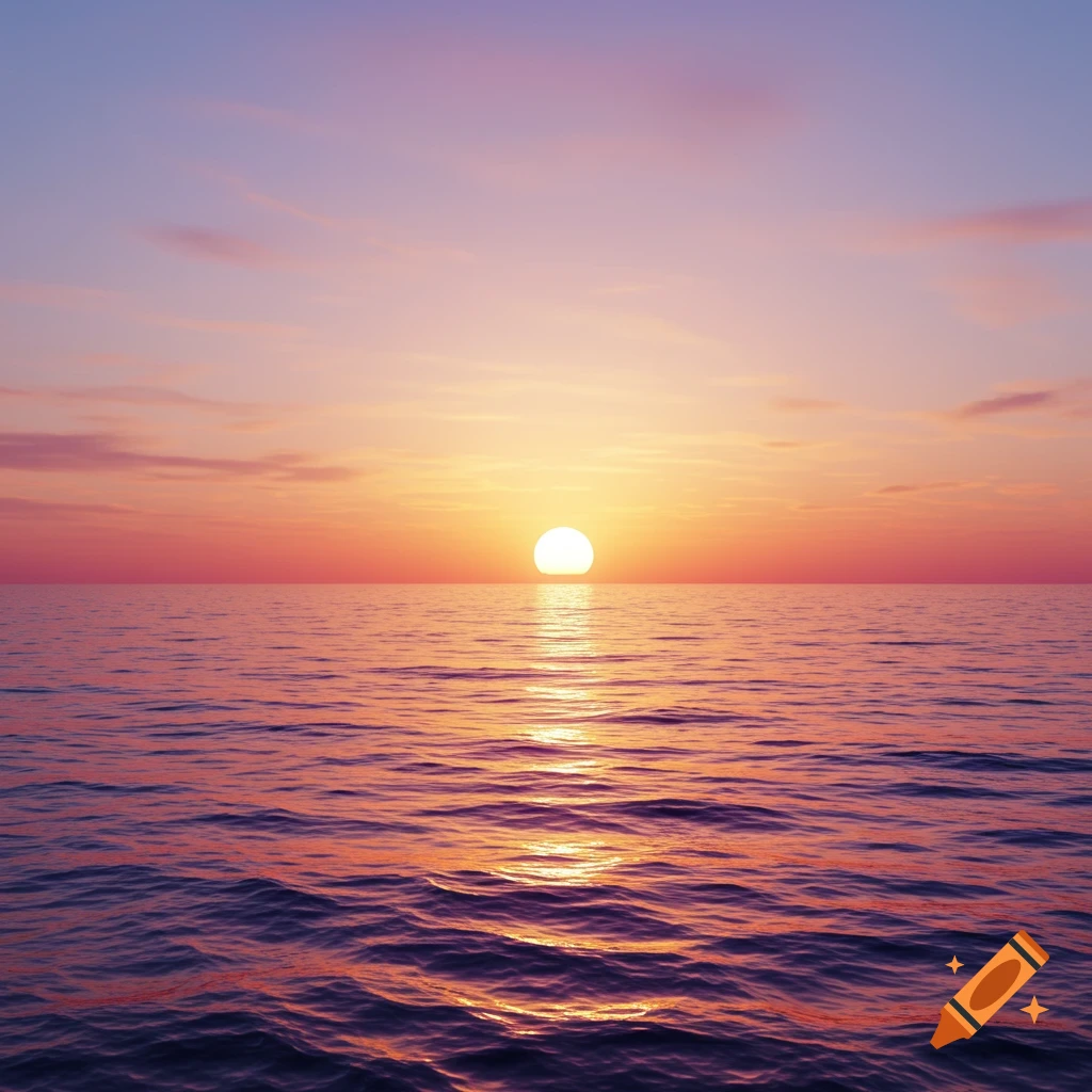 A serene sunset over the ocean, with the bright sun on the horizon casting a golden reflection on the calm water.