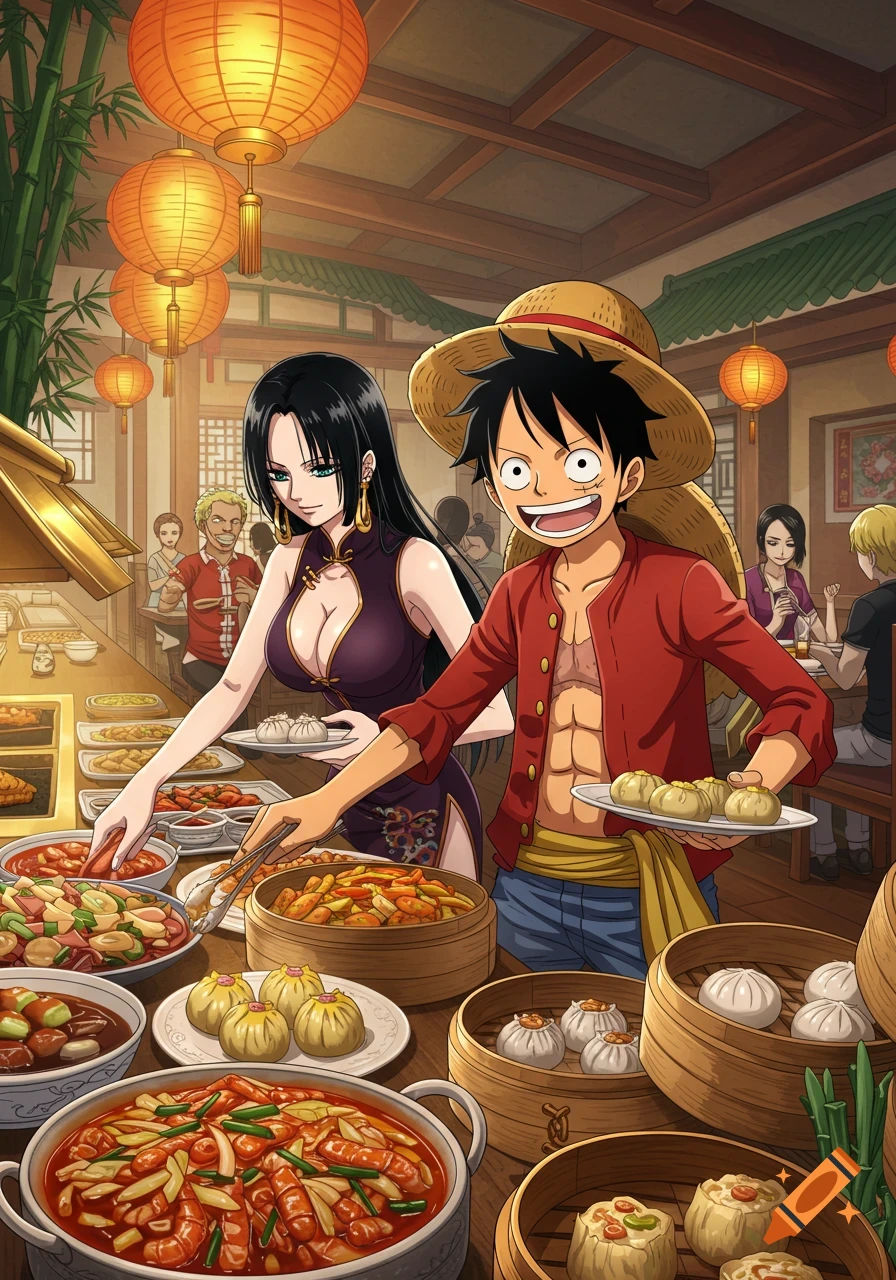Luffy and Hancock from One Piece at a vibrant Chinese buffet, picking food and holding plates of dim sum in an anime style.