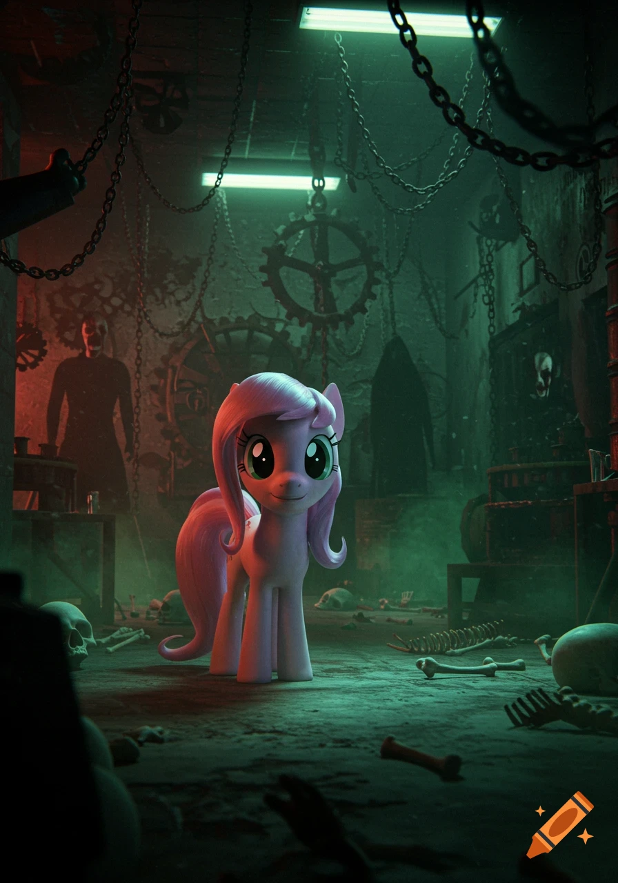 A pink and white My Little Pony in a dimly lit, dark green industrial room with chains, gears, skulls, and bones, giving off a horror movie vibe.