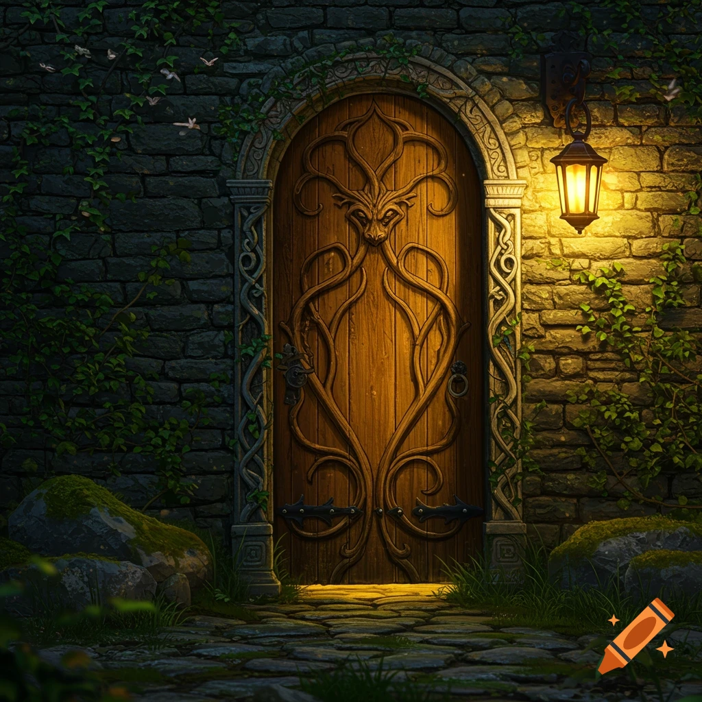 An arched wooden door with intricate carvings in a stone wall covered in ivy, illuminated by a glowing lantern above a cobblestone path.