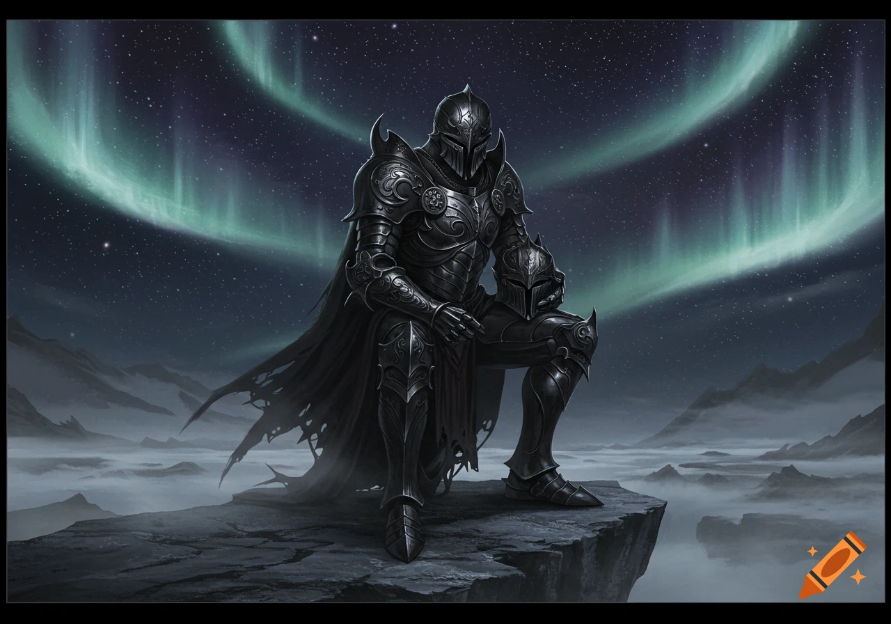 A knight in ornate black armor kneels on a rocky cliff under a starry sky with a vibrant aurora borealis.