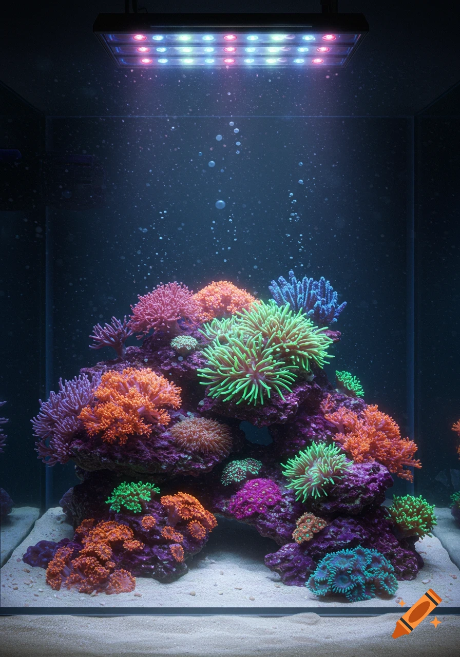 A vibrant coral reef aquarium with colorful green, orange, purple, and blue corals on a rock scape, lit by an overhead LED light.