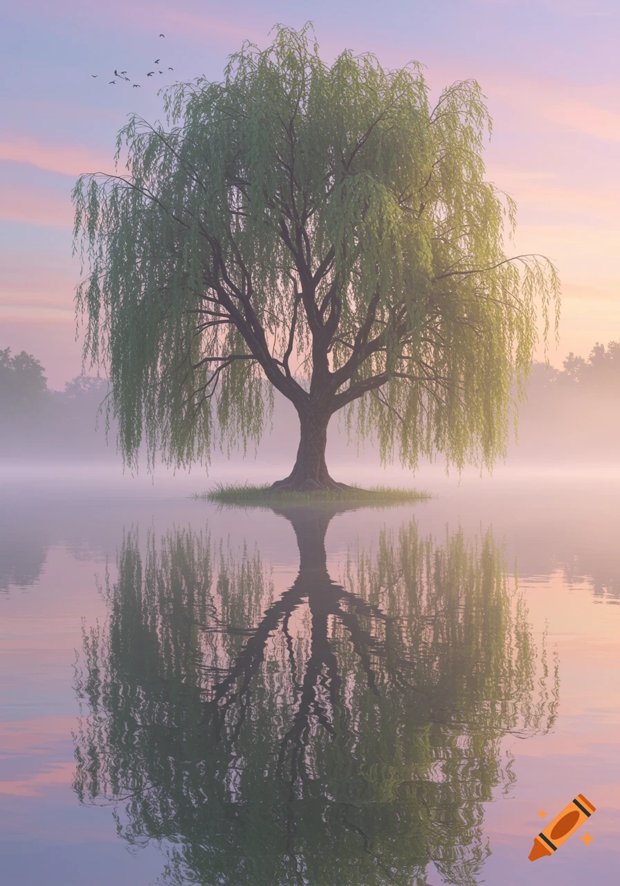 A weeping willow tree stands on a small island in a misty lake, with its reflection visible, under a soft pastel sky at dawn or dusk.