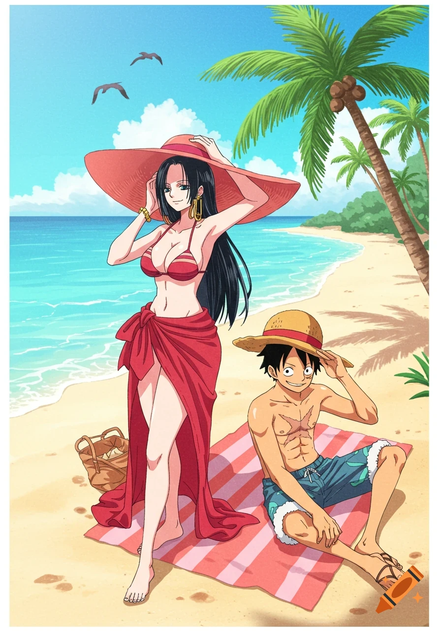 Hancock in a red bikini and sarong and Luffy in swim trunks sunbathing on a beach with palm trees in an anime style.