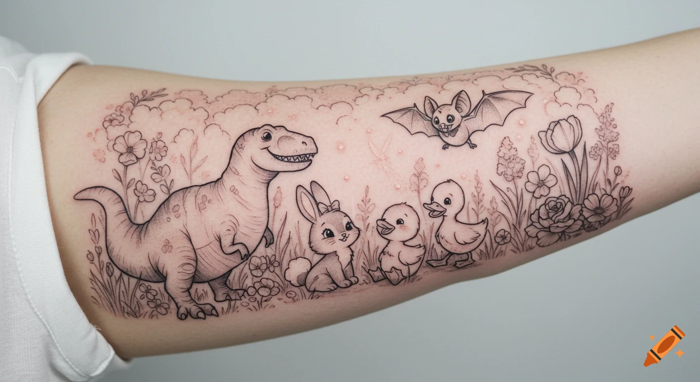 Black and gray line art tattoo on an arm, depicting a whimsical scene with a smiling T-Rex, a bunny, two ducklings, a bat, and flowers.