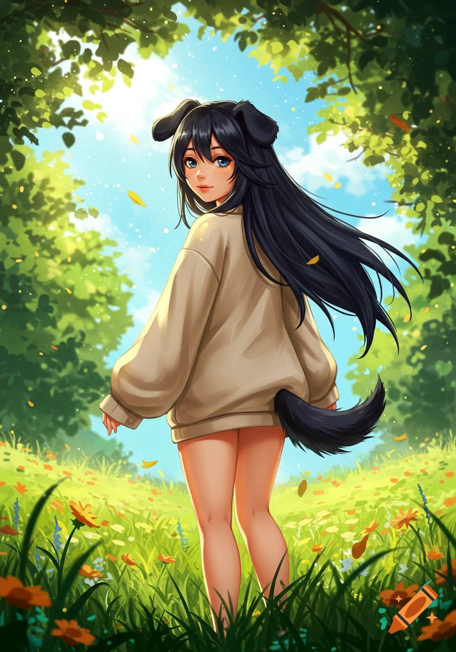 An anime-style girl with black hair, dog ears, and a tail, wearing an oversized beige sweater and shorts, stands in a sunny, flower-filled forest.