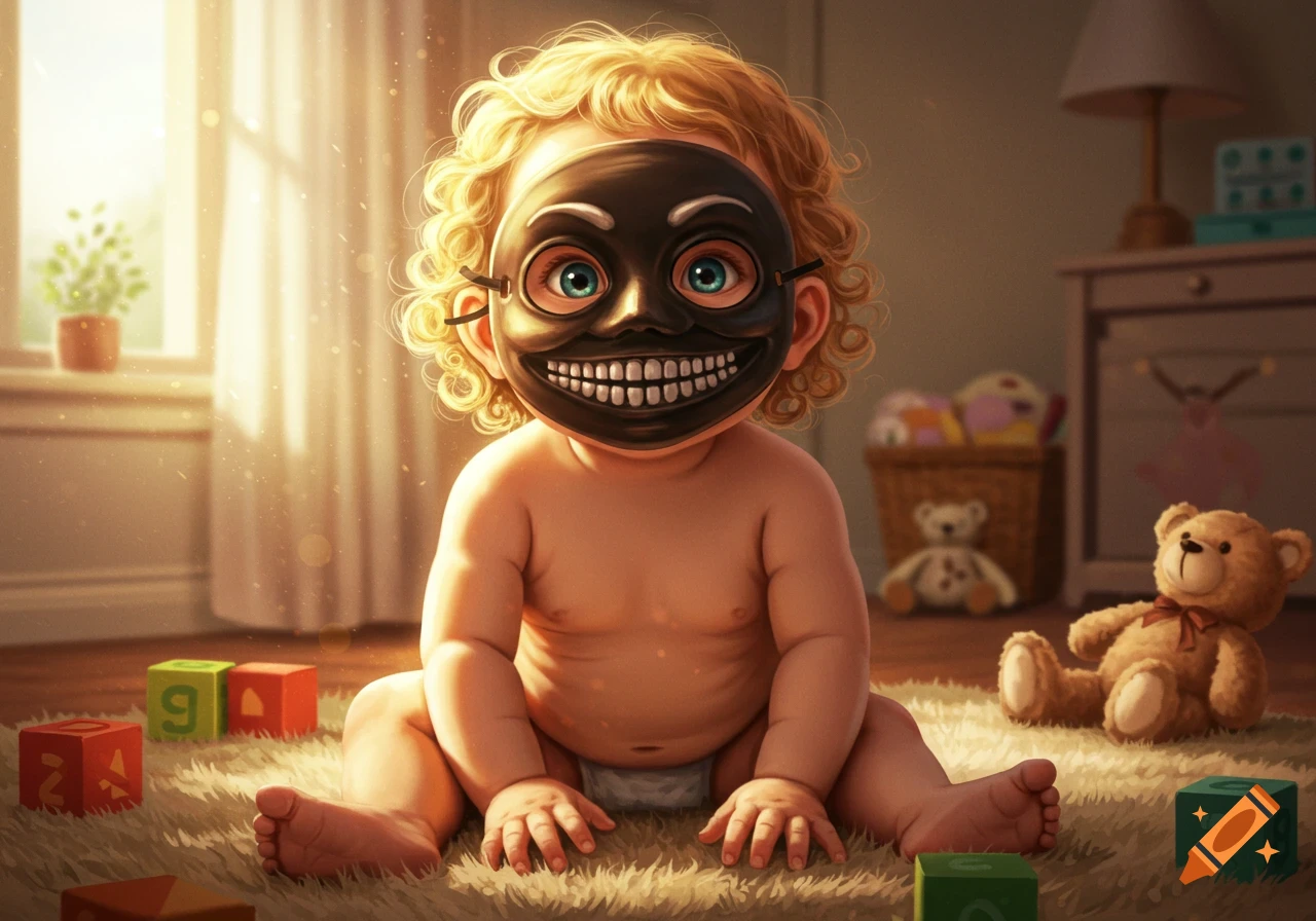 A baby with blonde curly hair sits on a rug, wearing a black, creepy mask with a wide grin, surrounded by colorful blocks.