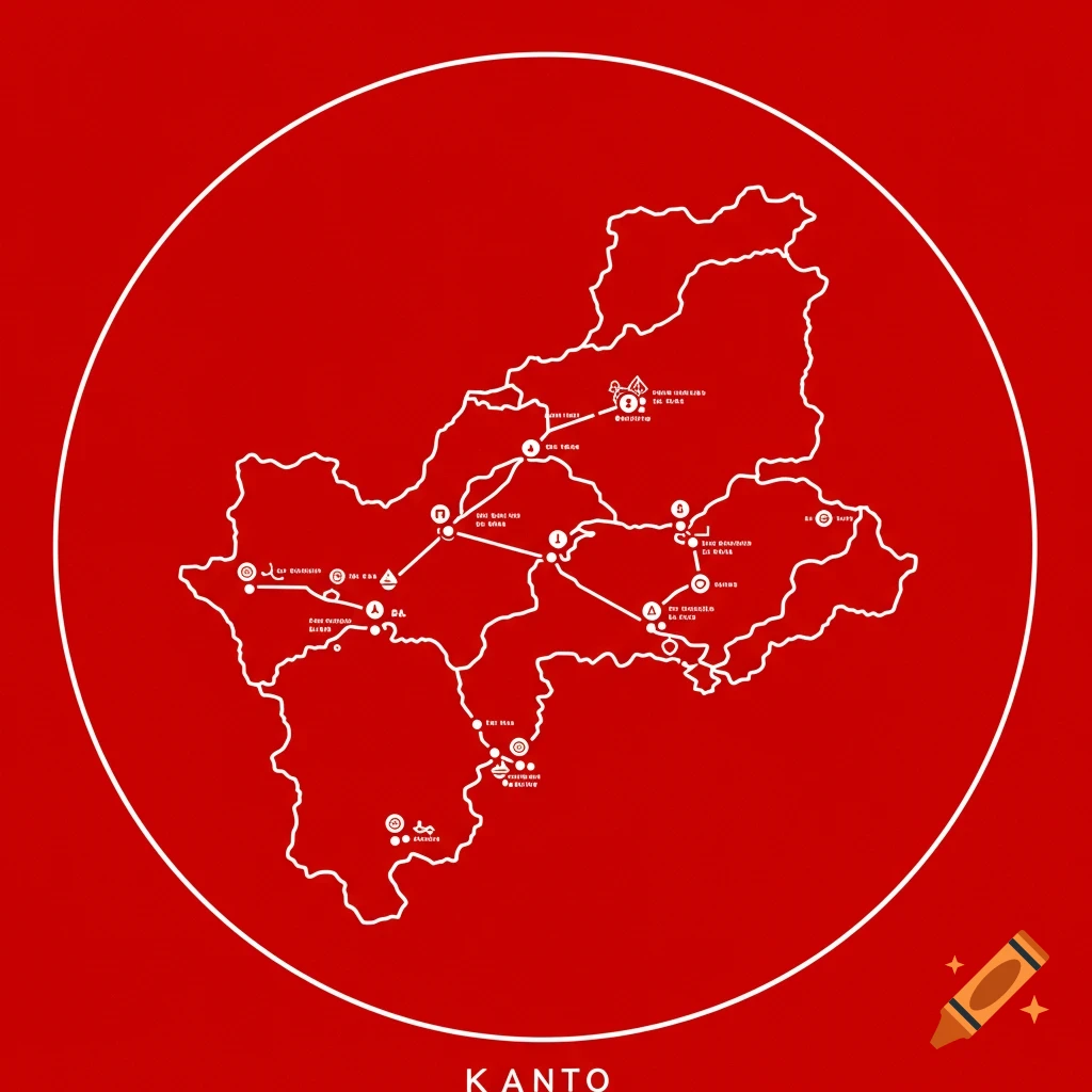 A minimalist white outline map of a region, possibly Kanto, with various points and lines, all set against a solid red background within a white circle. The word 'KANTO' is at the bottom.