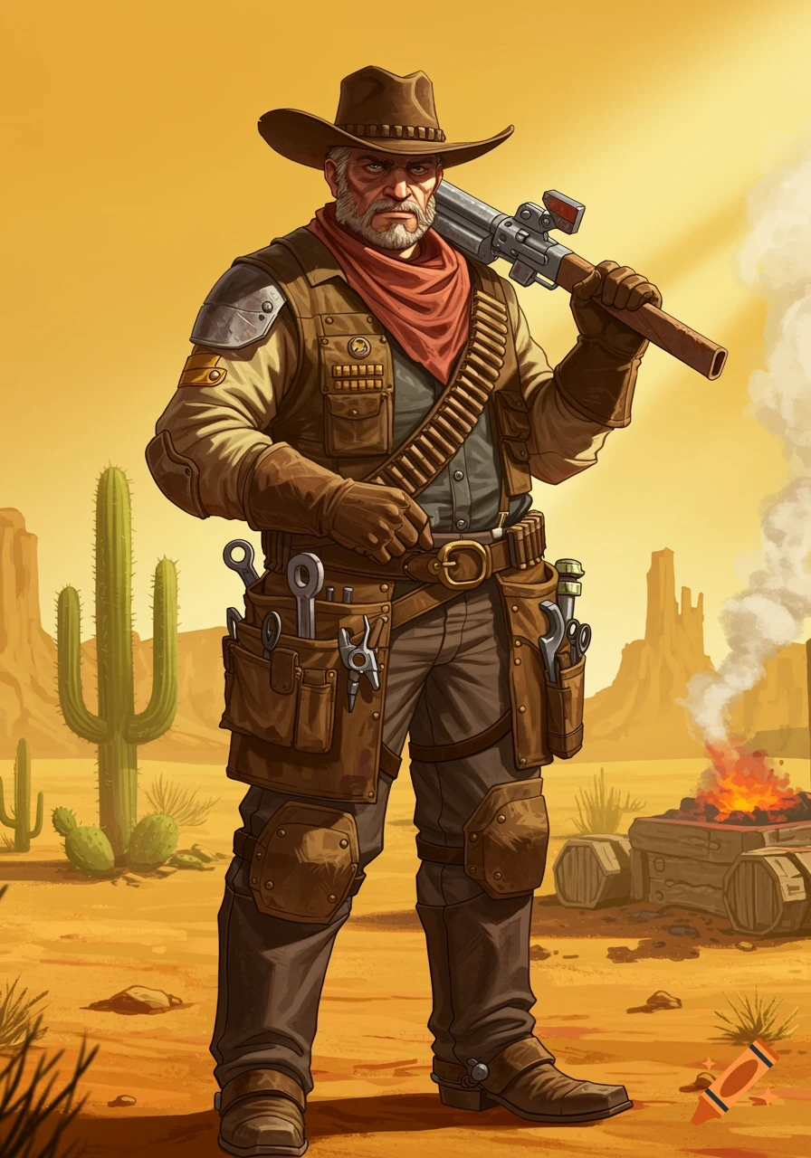 A rugged, bearded cowboy-like character in a desert, wearing a hat and tool belt, carrying a large weapon. Illustrated style.