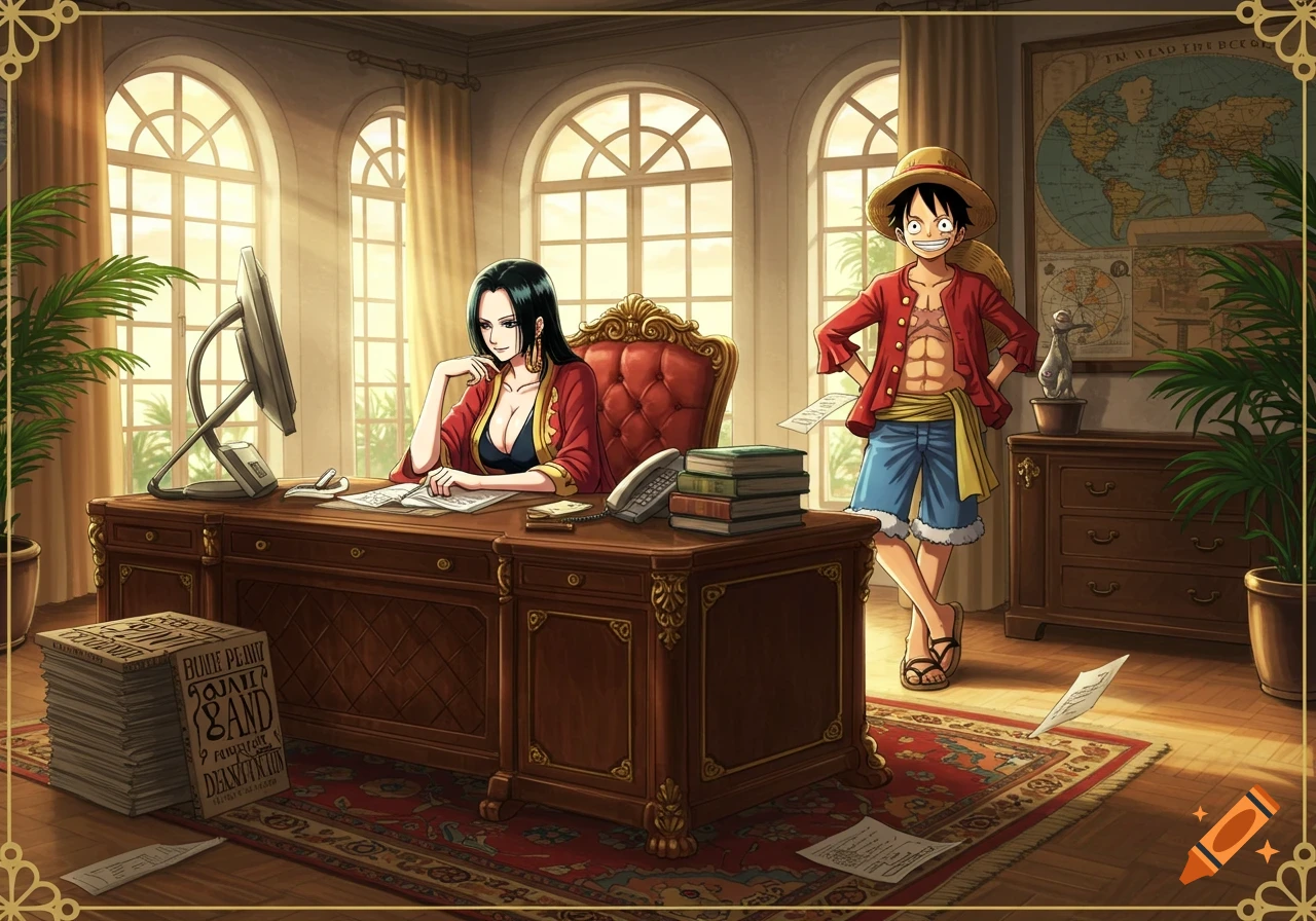 Hancock works at a desk while Luffy stands beside it in an anime-style office setting with large windows and a world map.