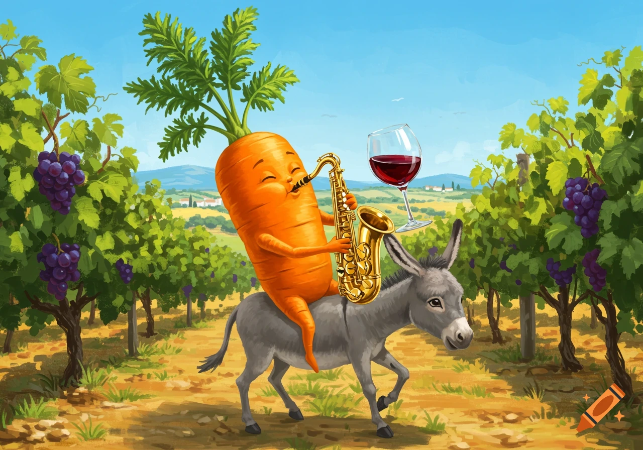 A cheerful cartoon carrot riding a donkey and playing a saxophone, with a floating glass of red wine, in a sunny vineyard.