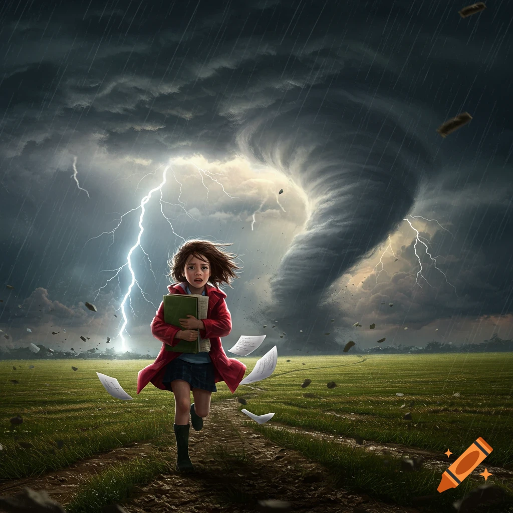A girl in a red coat and skirt runs through a muddy field away from a large tornado, with lightning striking and papers flying around her.
