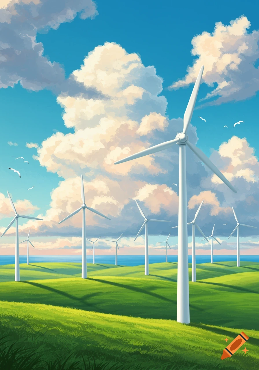 An illustrative landscape showing a field of wind turbines under a blue sky with fluffy clouds and distant ocean.