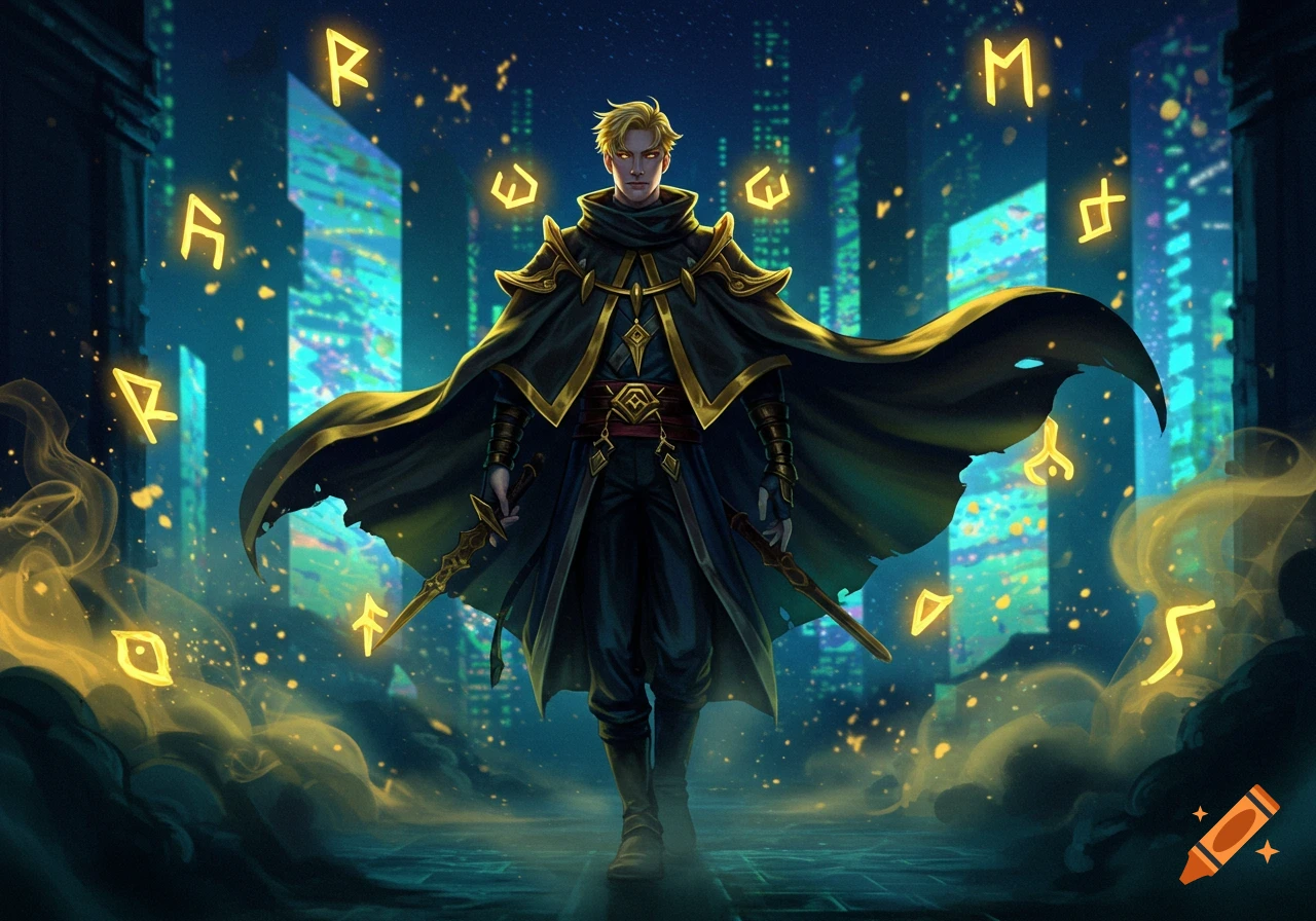 A male sorcerer in a dark cloak and gold armor with glowing eyes, holding two swords, surrounded by floating golden runes in a futuristic city.