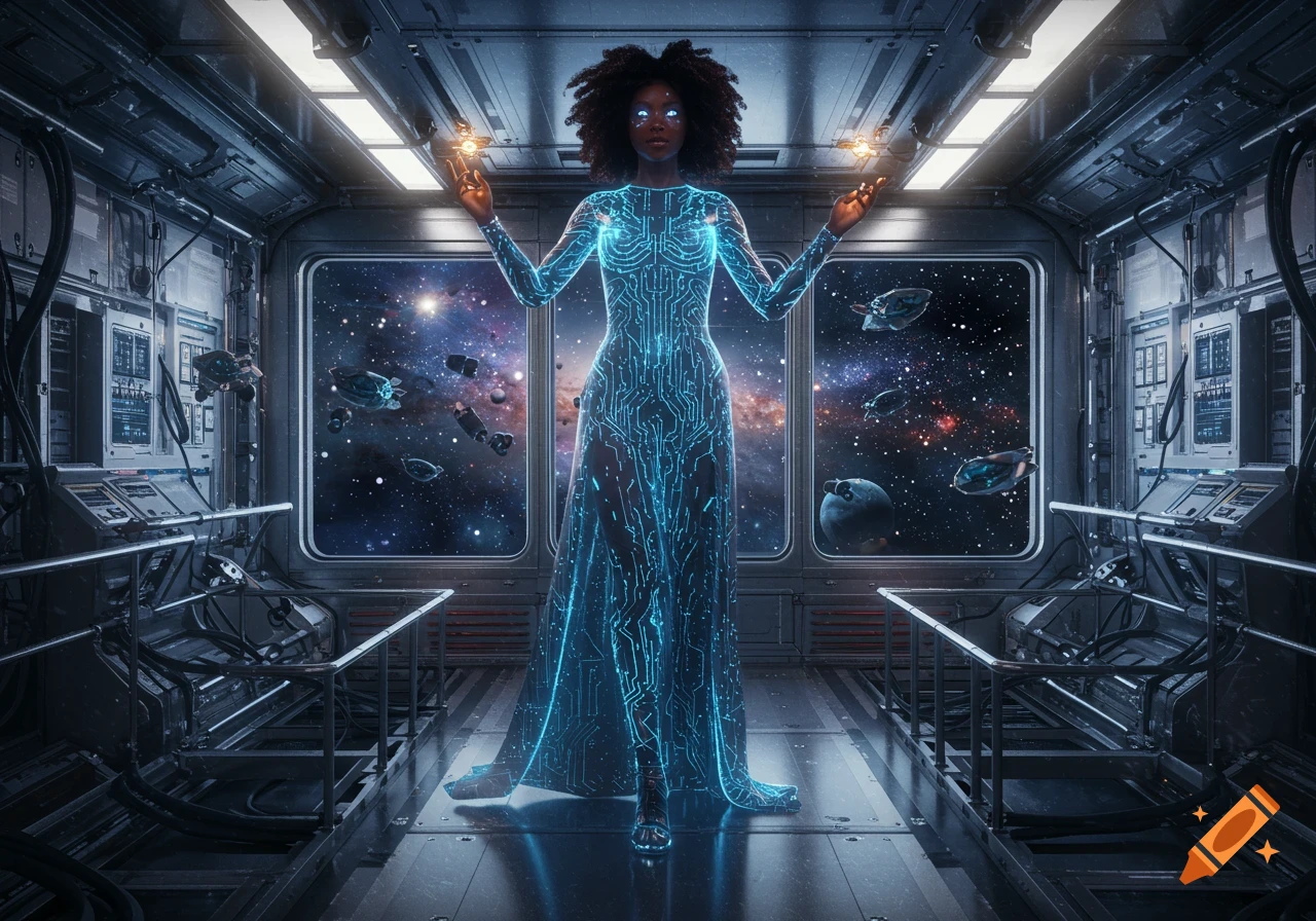 A woman in a glowing blue circuit-patterned dress stands in a futuristic spaceship with a view of space.
