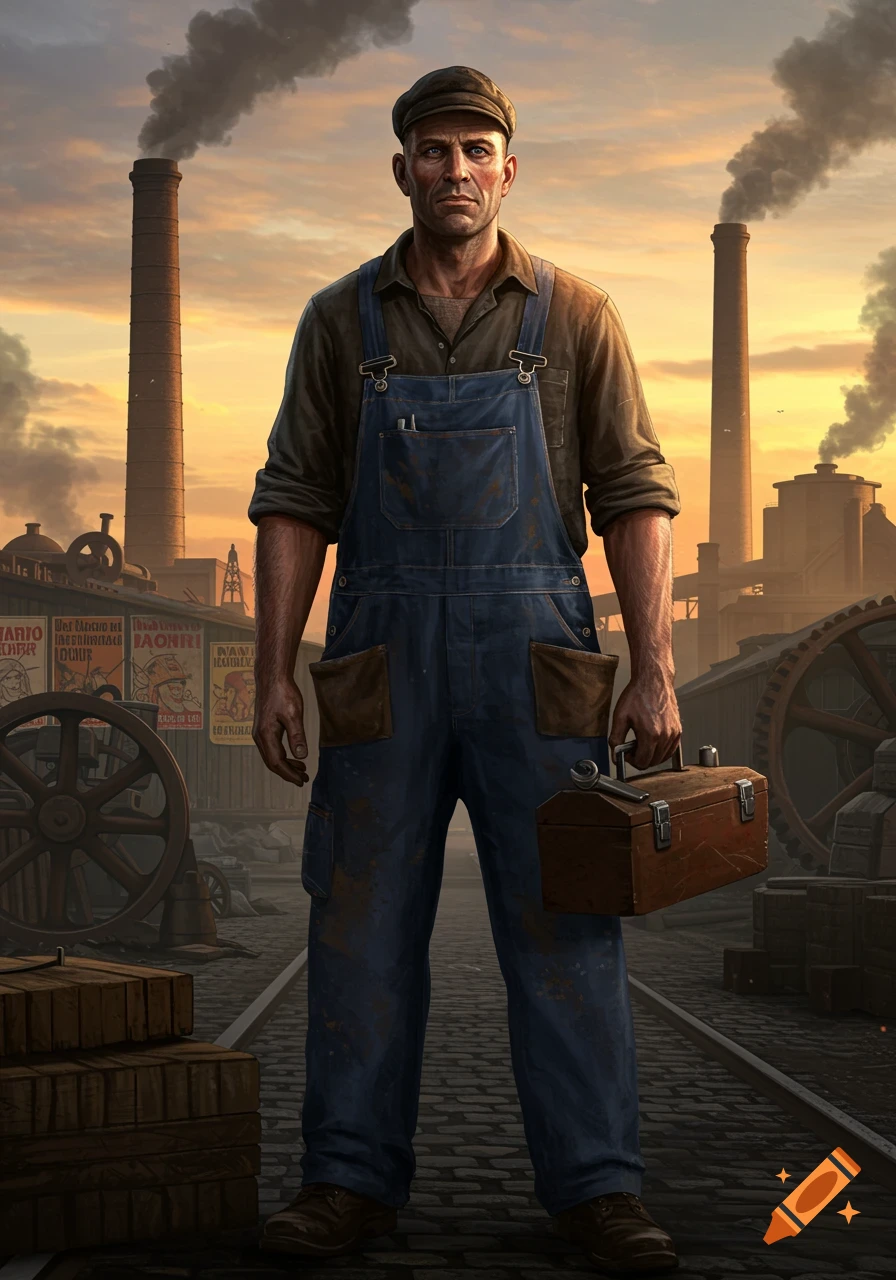 A determined male worker in blue overalls and cap holds a toolbox, standing on train tracks before a factory with smoking chimneys at sunset.