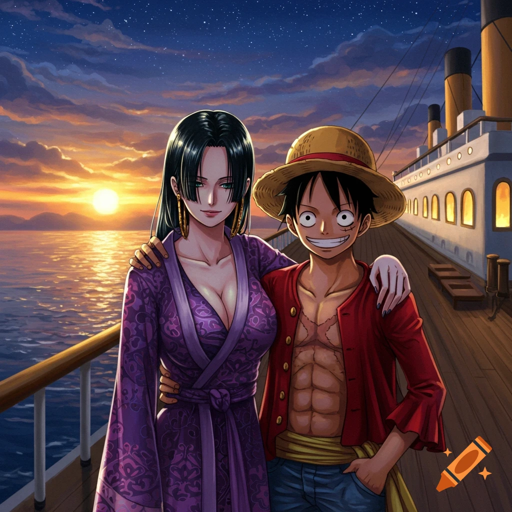 Anime characters Luffy and Hancock posing together on a ship deck at sunset.