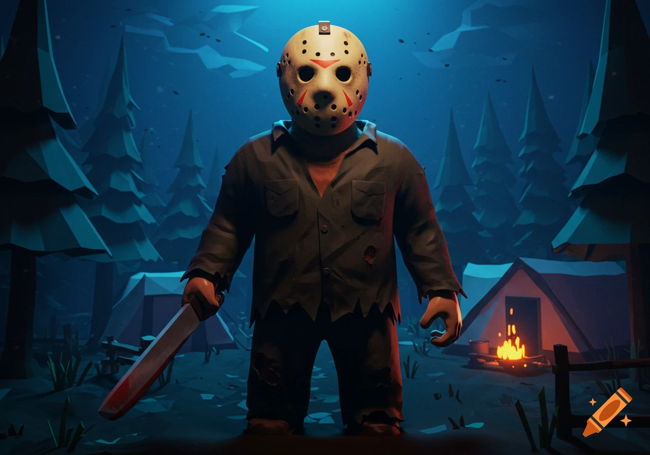 A low-polygon 3D render of Jason Voorhees holding a bloody machete in a dark forest campsite.