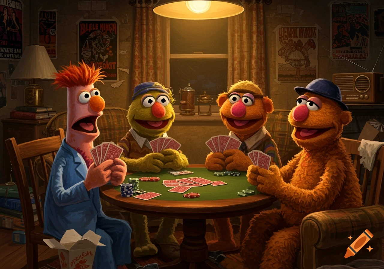 Muppet characters Beaker, Bunsen Honeydew, Fozzie Bear, and Gonzo playing poker in a dimly lit bachelor's living room.