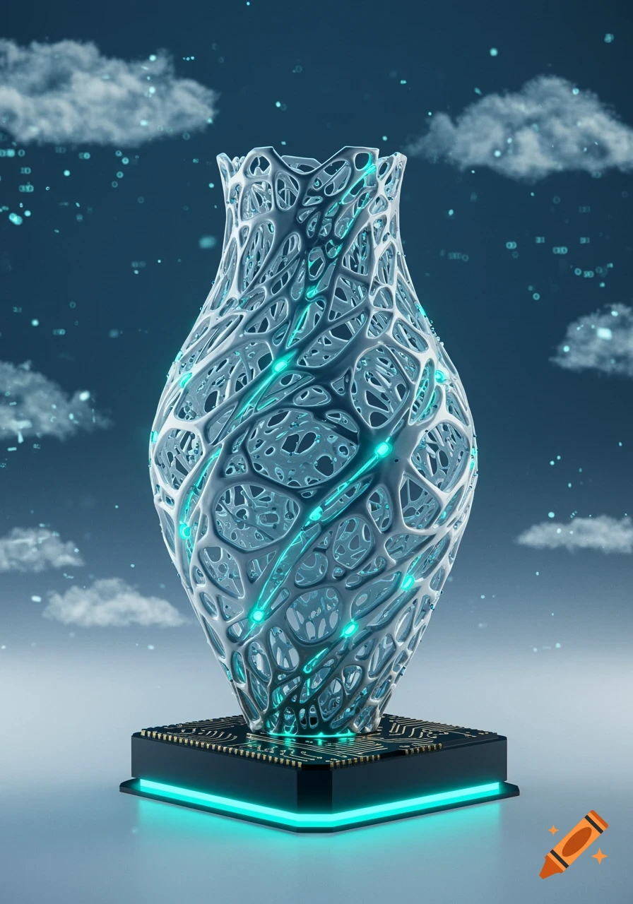 An abstract, futuristic white vase-like object with glowing blue lines, standing on a dark base with circuit patterns under a digital sky.