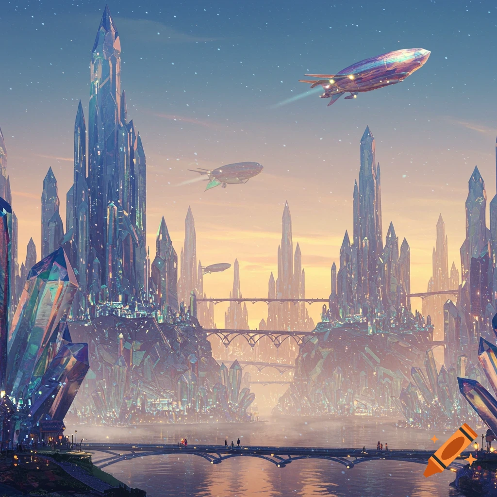 A vibrant fantasy city made of glowing crystal spires with airships flying overhead at sunset.