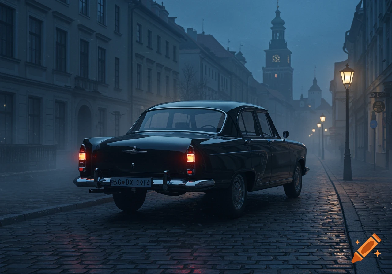 A black vintage car with its taillights on drives down a foggy cobblestone street at dusk, flanked by old buildings and glowing streetlights.