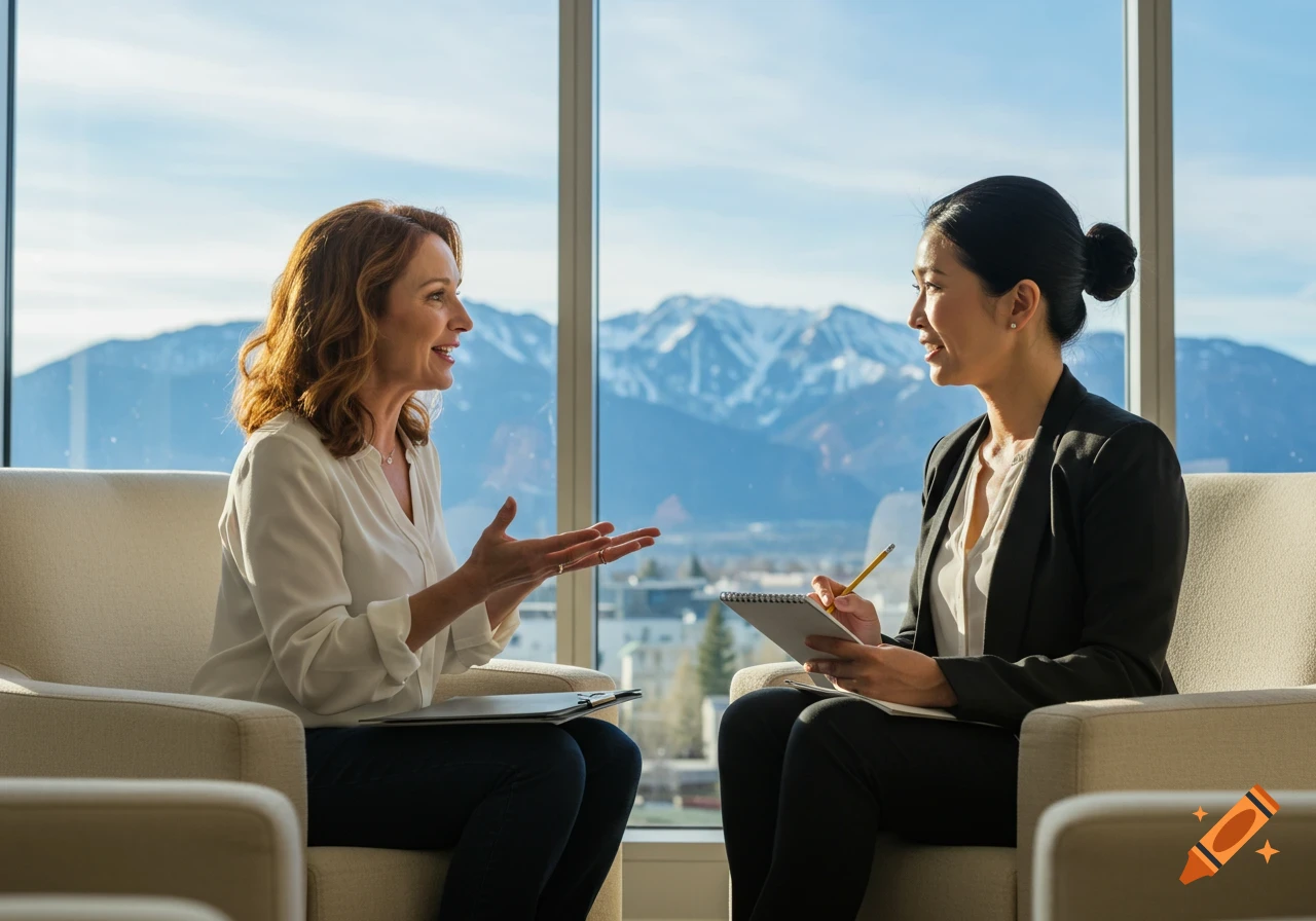 Two women in an office with large windows overlooking mountains. One woman talks while another takes notes.