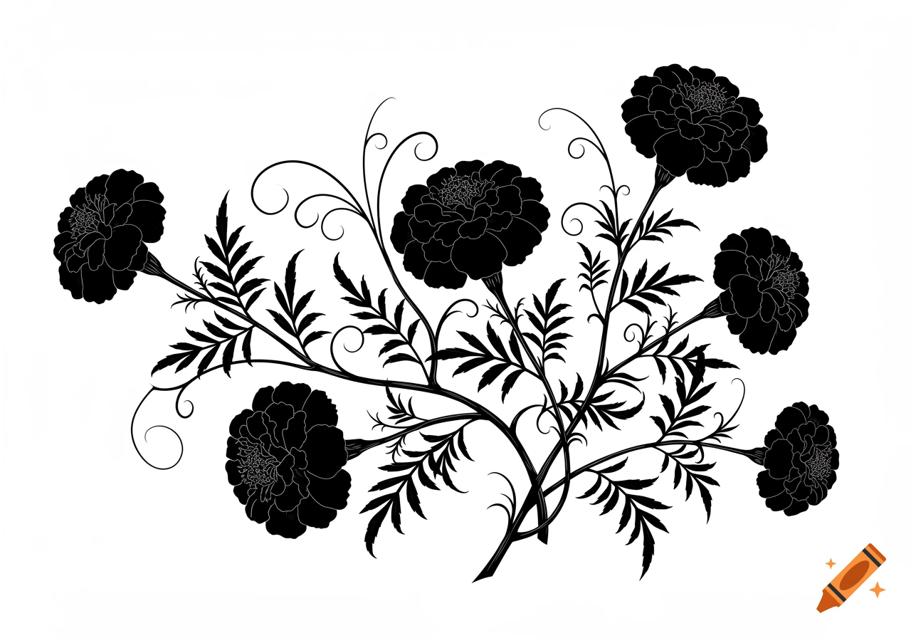 A black and white silhouette illustration of marigold flowers with intricate stems and leaves on a white background.