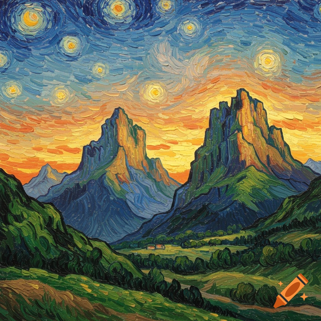 A colorful landscape painting of mountains and a valley under a starry sky, in the style of Van Gogh.