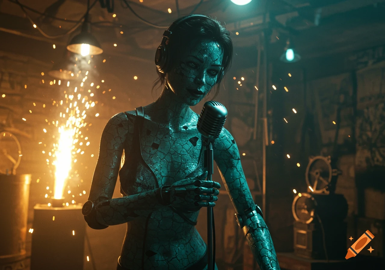 A cracked teal female android with headphones sings into a vintage microphone in a sparking, dim industrial workshop.