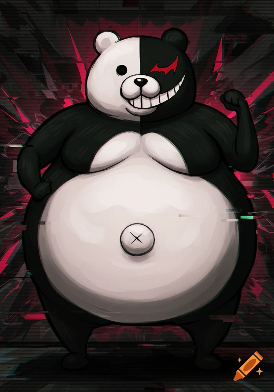 A portly Monokuma, the black and white bear character from Danganronpa, stands with a large belly and a menacing grin against a glitchy red and black background in an anime style.