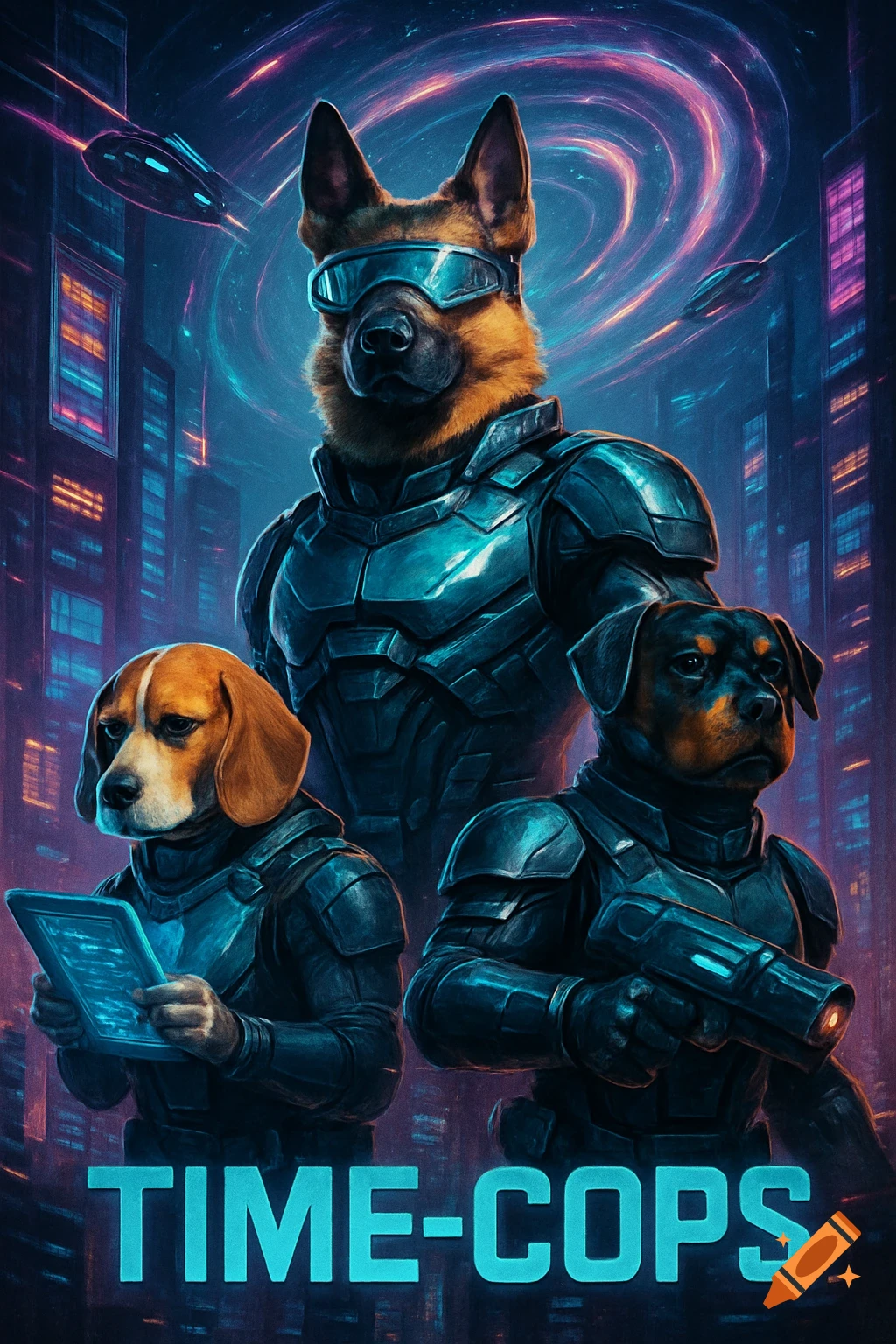 A vibrant sci-fi movie poster featuring a German Shepherd, Beagle, and Rottweiler in futuristic cop armor, standing in a neon city with a swirling vortex. Text reads 'TIME-COPS'.