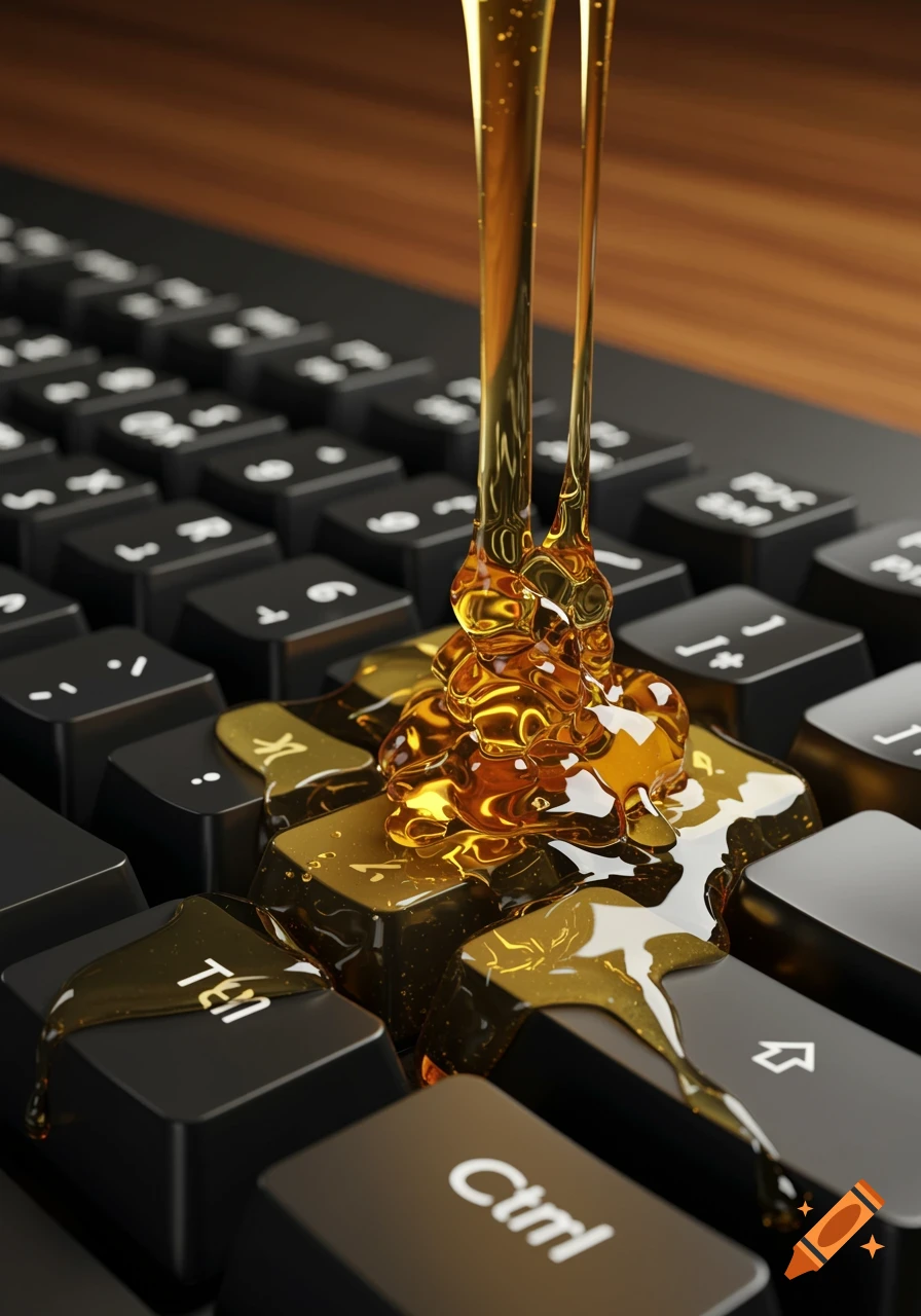Photorealistic close-up of golden honey dripping and pooling over the black keys of a computer keyboard on a wooden desk.