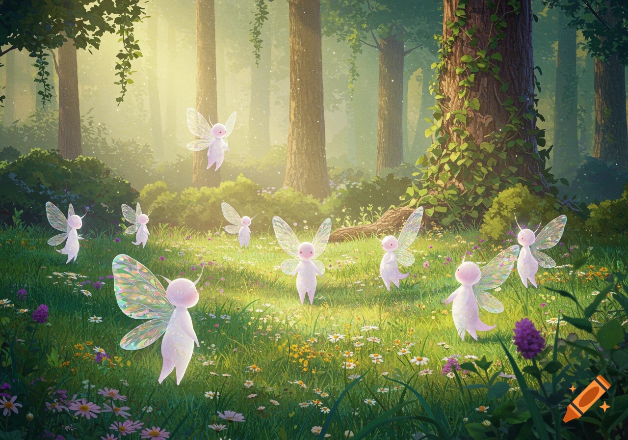 Tiny pink fairy-like creatures with iridescent wings in a sunlit, wildflower-filled forest clearing.