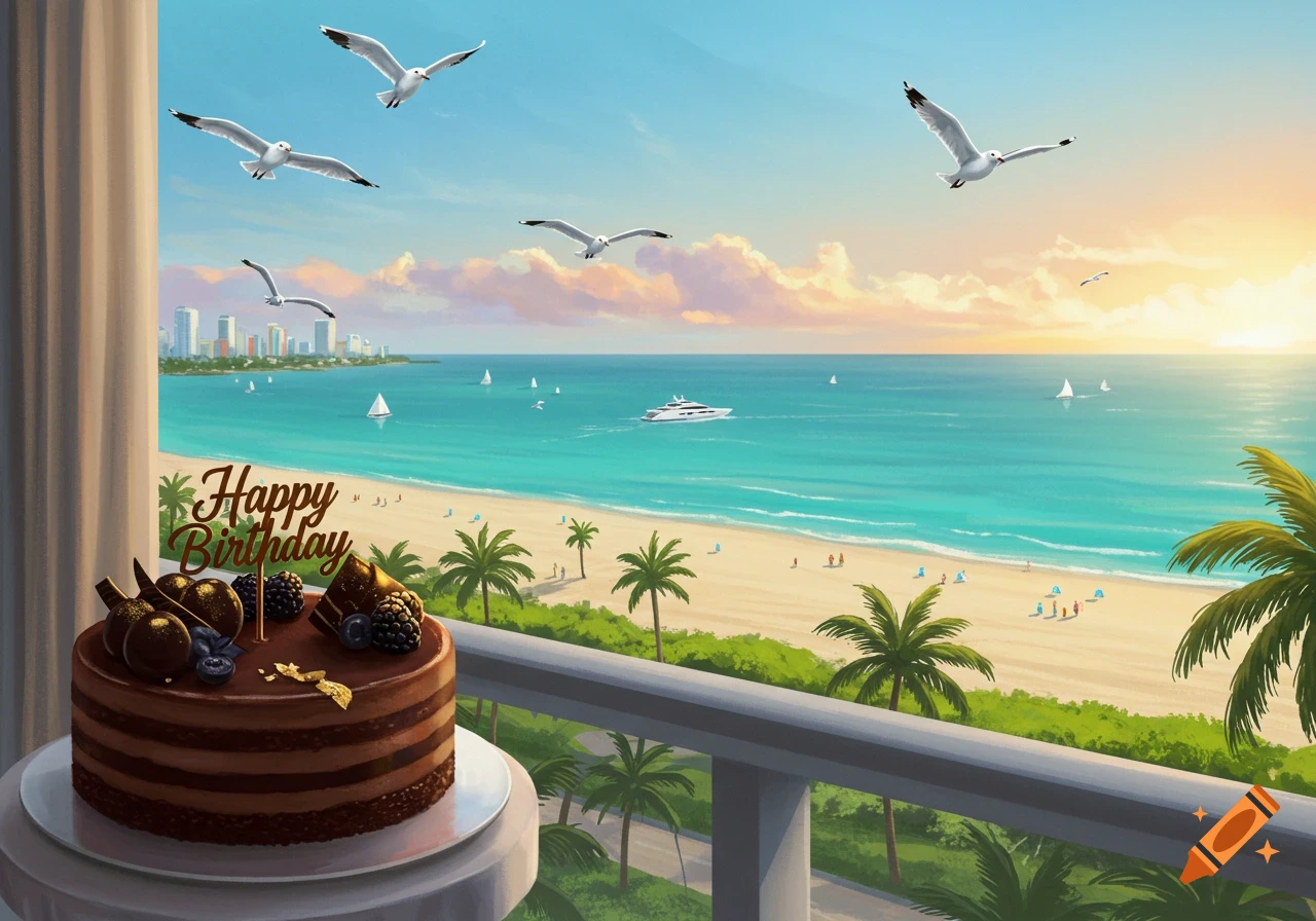 A chocolate birthday cake on a hotel balcony overlooks a sunny Miami beach with palm trees, ocean, boats, seagulls, and a city skyline.