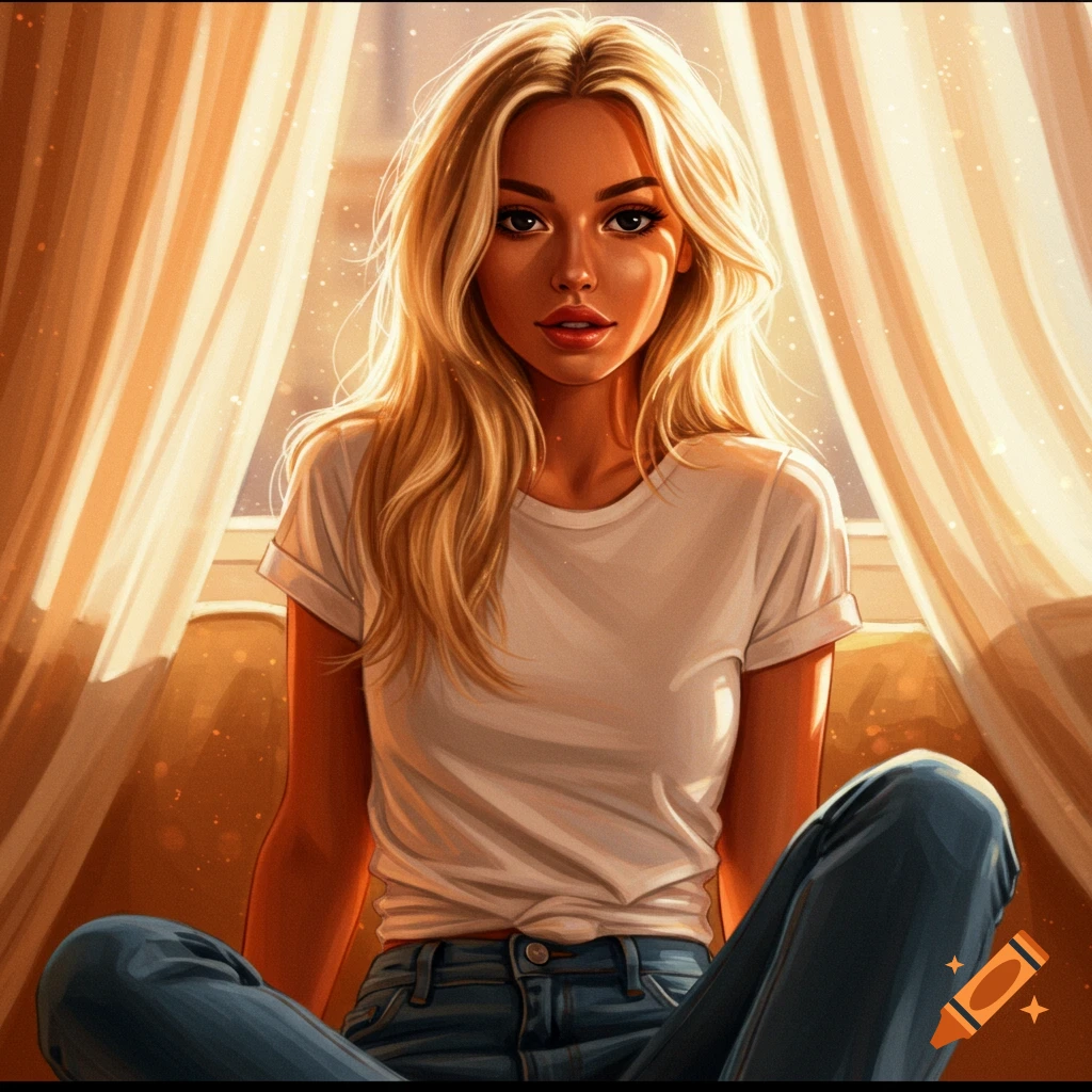A blonde woman with tanned skin sits wearing a white t-shirt and jeans, illuminated by warm sunlight filtering through curtains.