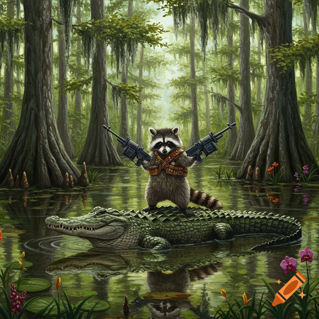 An acrylic painting of a raccoon riding an alligator in a Louisiana swamp, holding and firing two machine guns.
