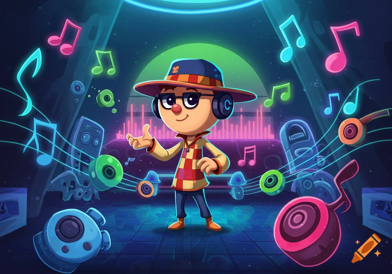 A cartoon character wearing a hat and headphones, standing in a vibrant, neon-lit music room with floating musical notes and abstract shapes.