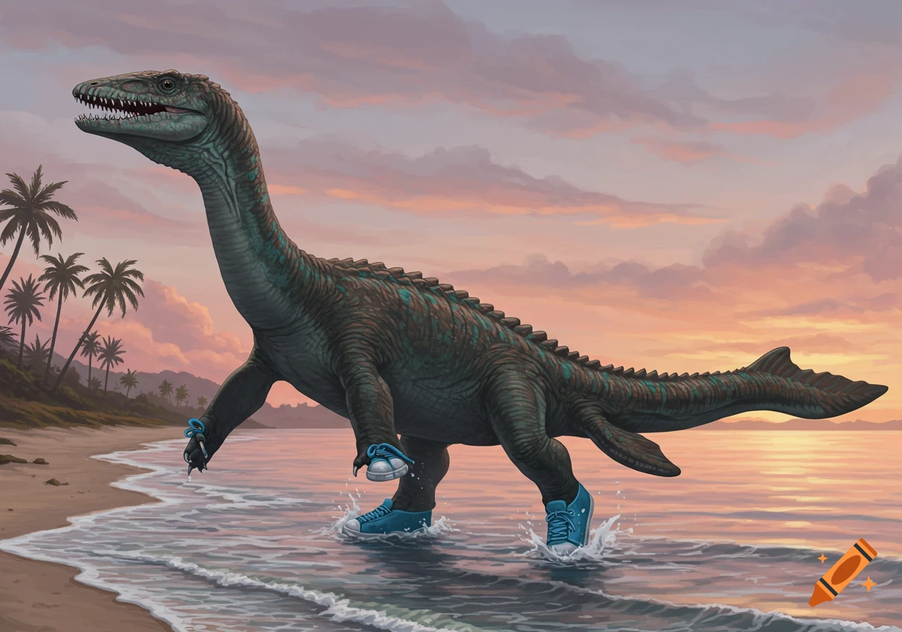 A Mosasaurus wearing blue sneakers walks along a sandy beach at sunset, with palm trees in the background.